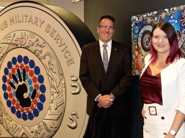 Royal Australian Mint CEO Leigh Gordon and Indigenous artist Chern’ee Sutton at the launch of the Indigenous coin. Photo: Michael Weaver