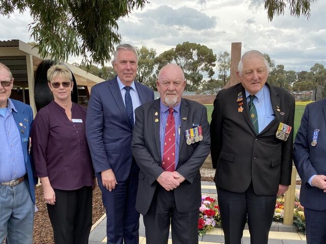 Pictured in front of the Vietnam Cross at the Moama RSL sub-branch memorial garden were, from left: Moama RSL sub-branch chaplain Fr John Tinkler, Campaspe Mayor Chrissy Weller, Victorian leader of The Nationals and Member for Murray Plains Peter Walsh, Moama RSL sub-branch president Ken Jones, Major William ‘Yank’ Akell and NSW RSL president Ray James OAM.