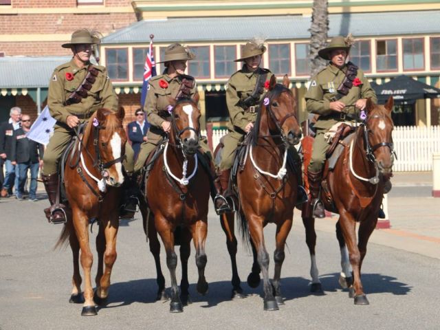 Four horses and their riders in an Anzac Day parade