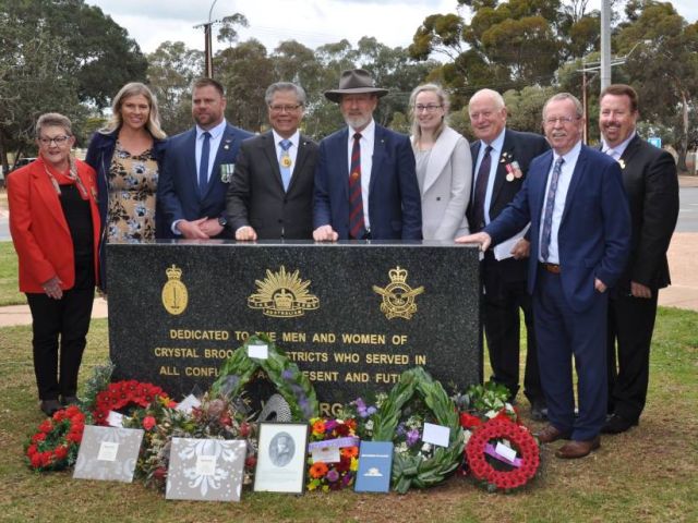 State president RSL SA/NT Cheryl Cates, Amanda Bowman, Crystal Brook RSL president Scott Bowman, Governor Hieu Van Le, Grey MP Rowan Ramsey, Tahnee Alexander, Ivan Venning, Frome MP Geoff Brock and Mayor Leon Stephens are with the newly unveiled war memorial in Crystal Brook.