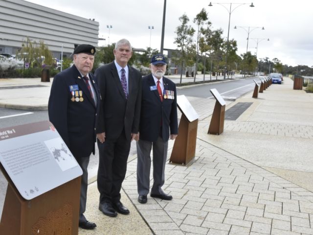 Memorial walk. l-r Arthur Stanton (City of Cockburn RSL Memorial Advisor and PR Officer), City of Cockburn Mayor Logan Howlett and Digger Cleak (City of Cockburn RSL President). 