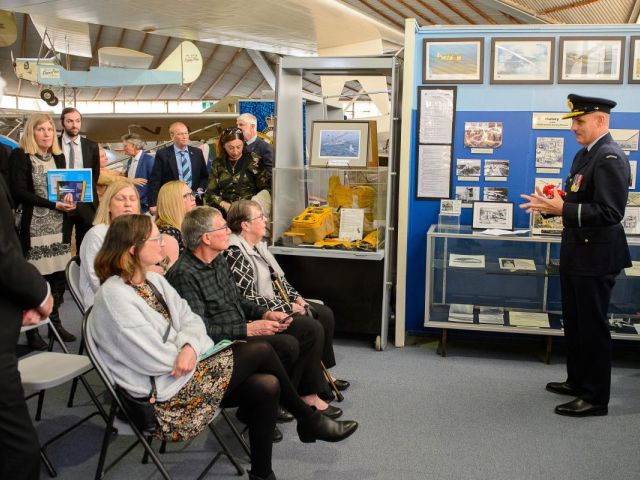 Air Commodore Robert Lawson, Director-General of History and Heritage – Air Force, addresses family members and friends of Flight Sergeant Richard Hobbs, crew member of Catalina A24-50. Photo: Sergeant Gary Dixon