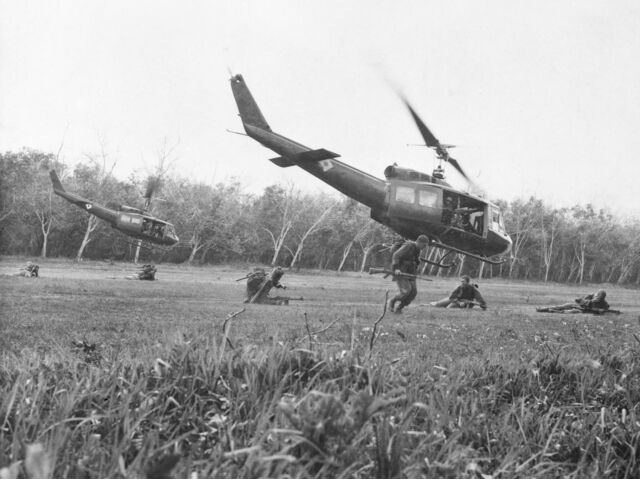 Archive picture of the Battle of Binh Ba with helicopters and soldiers