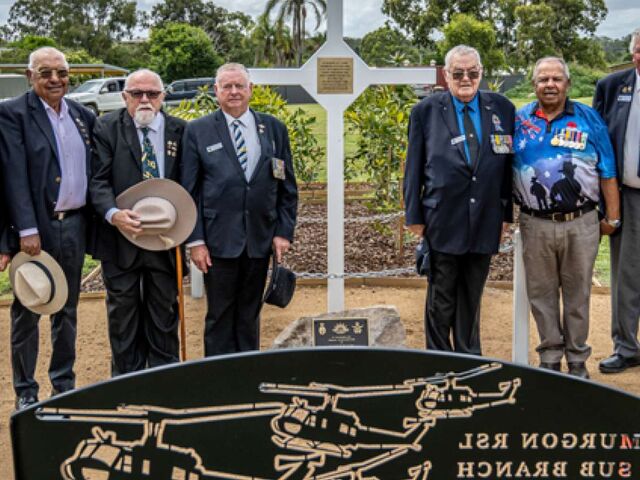 Members of the Murgon RSL Sub-Branch with the replica of the Long Tan Cross which has been unveiled in Murgon (Photo: Gerkies Photography)