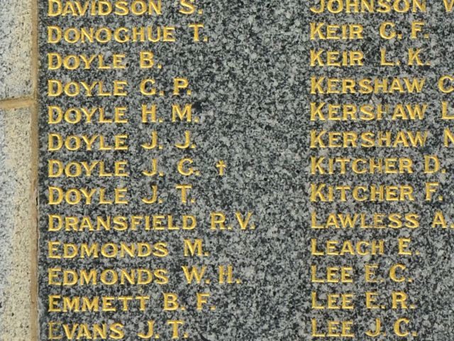 Private James Gerald Doyle's name on the Bungendore War Memorial.