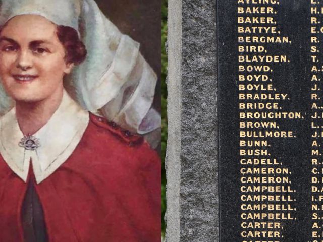 Sister Joyce, as shown on the cover of One Life is Ours, and her name on the Scone War Memorial