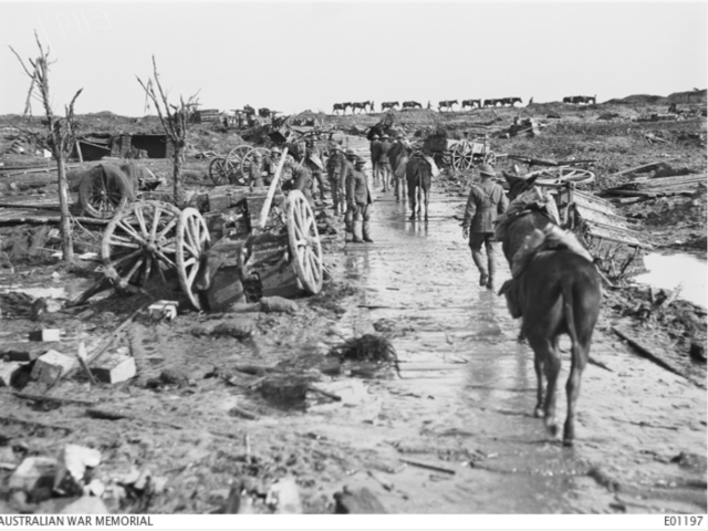 Image: A view of the road running up to Idiot Corner, on the Westhoek Ridge, in the Ypres sector, 1917