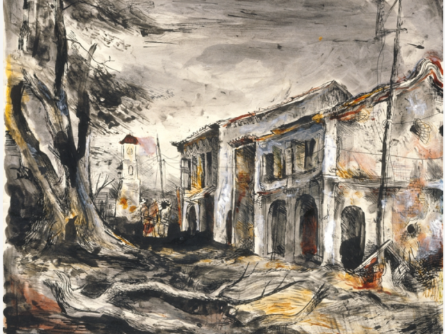 Image “Town, Labuan”, Donald Friend, 1945. Depicts the town of Victoria on Labuan, Borneo, the day after the landing of the 24th Australian Infantry Brigade, sent to re-occupy the island as part of the Borneo campaigns, June 1945.