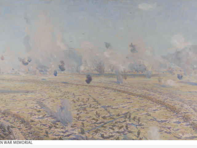 Image: 'Battle of Fromelles', artist Charles Wheeler, 1922-25. Depicts a panoramic view of the Sugarloaf Salient area at Fromelles, with men of 5th Division AIF crossing No Man's Land towards the German trenches. Shell bursts and explosions can be seen above the landscape.