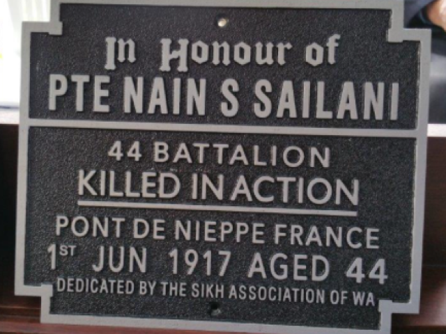 A plaque commemorating Private Nain Singh Sailani, an Indian Anzac killed in action on June 1, 1917 in Belgium