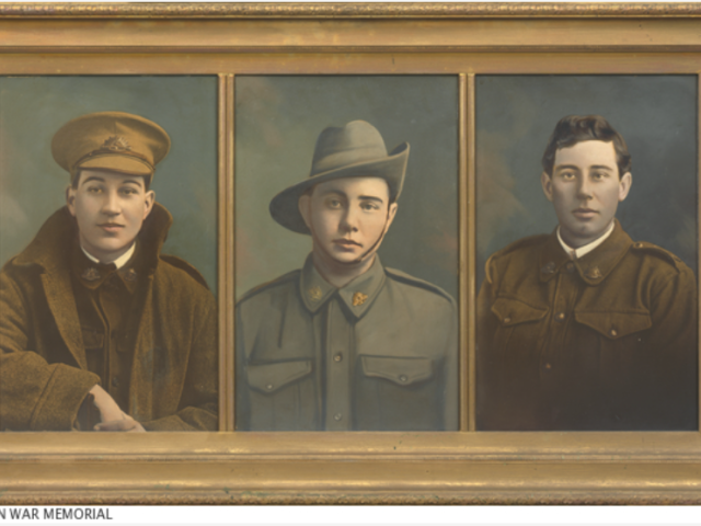 three brothers (left to right) Private Kenneth George Douglas; Lance Corporal Alan Edward Douglas; and Lance Sergeant Gordon Leslie Douglas, c.1916.