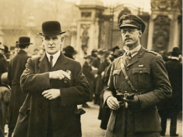 Dr W Jenner and Lieutenant Abel Richmond Sheath, MC, 18th Battalion, outside Buckingham Palace following Sheath's investiture, c.1918