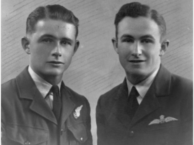 Studio portrait of brothers, 420786 Sergeant Reginald John Peck, RAAF (left), and 422688 Pilot Officer Harold Phillip Peck, DFC, RAAF, c.1943