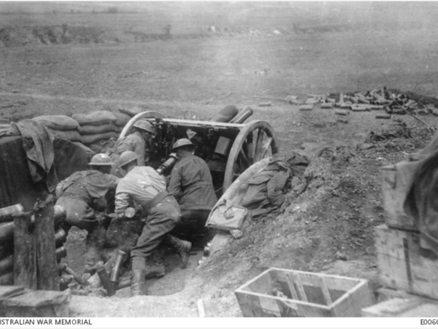the Australian Field Artillery using an 18 pounder gun in action at Noreuil Valley, c.1917