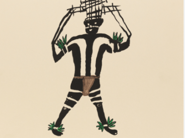 Aeroplane Dancer screenprint from Borroloola depicting a figure wearing aeroplane headdress with body paint, 2007