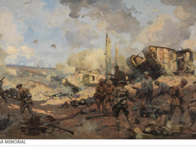 Painting entitled “Breaking the Hindenburg Line” by artist Will Longstaff 1918 