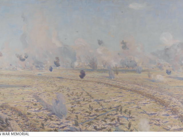 'Battle of Fromelles' by artist Charles Wheeler, 1922-25. The painting depicts a view of the Sugarloaf Salient area at Fromelles, with men of 5th Division AIF crossing No Man's Land towards the German trenches. Shell bursts and explosions can be seen above the landscape.