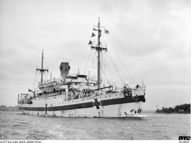 Sydney, NSW, 1943. Starboard bow view of the hospital ship Centaur.