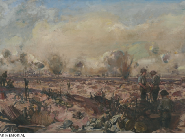 Painting of 'Bombardment of Pozieres' by artist Frank Crozier, 1918