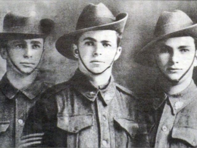 Dalziell brothers from left Walter Edward, George Christopher, and Ernest Rewell, c. 1916. Photo credit: Neville Browning