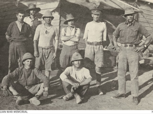 Egypt. c. 1915. Camp photograph of eight members of the 3rd Light Horse Regiment, AIF, believed to be at Wardan.