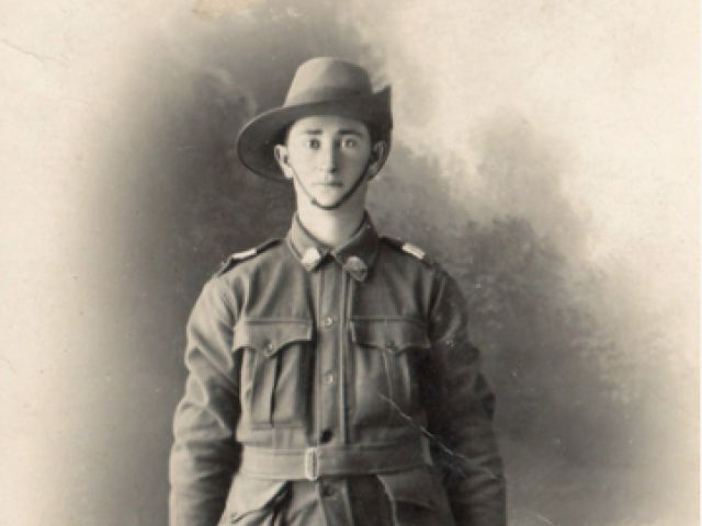 Studio portrait of 1220 Private Alfred Charles Gooda, Light Trench Mortar Battery, c.1916