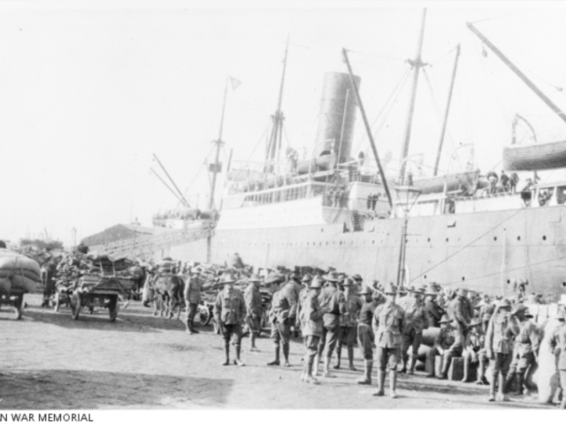 Photos of members of the 10th Battalion waiting to embark on the transport ship Ionian for the Gallipoli Peninsula, Alexandria, Egypt, 1 March 1915