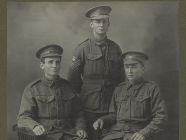 Portrait of 6147 Private (Pte) Theo Leslie Seabrook (left), Staff Sergeant (later 2nd Lieutenant) William Keith Seabrook (centre, rear), and 6174 Pte George Ross Seabrook, all members of the 17th Battalion, c. 1916