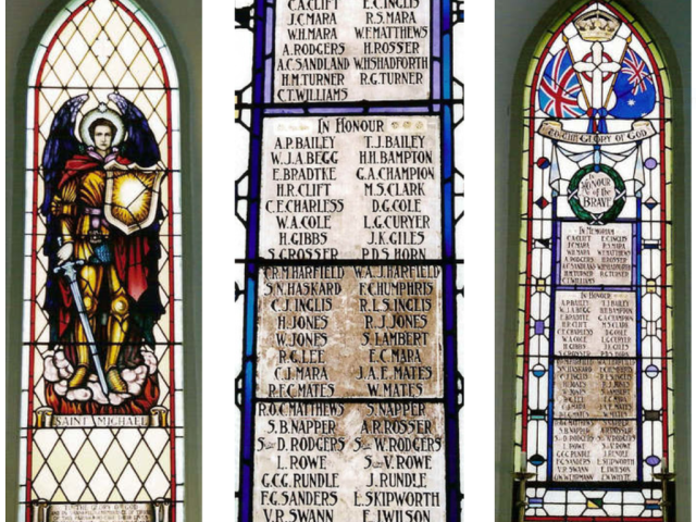 Stained glass windows in the Jamestown Anglican church commemorating the service of the Mara brothers. Credit Virtual War Memorial
