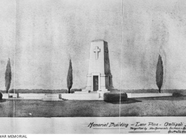 Lone Pine, Gallipoli. 1920-09-21. An artist's impression of the memorial built in honour of the Australian soldiers who died as a result of the Gallipoli campaign. (Donor J.T. Hobbs)