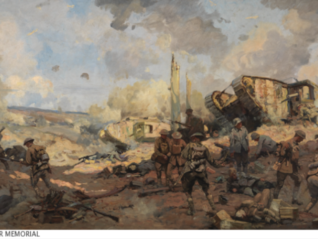 Painting of “Breaking the Hindenburg Line”, artist Will Longstaff, 1918