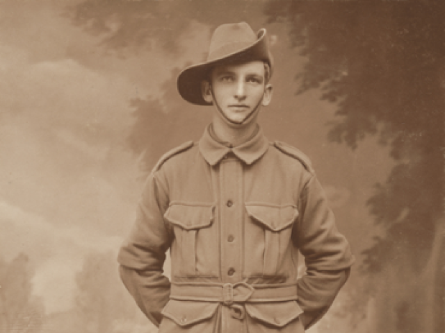 Studio portrait of 4480 Corporal Harold Henry Clift, 4th Battalion from West Wyalong, NSW, c.1915