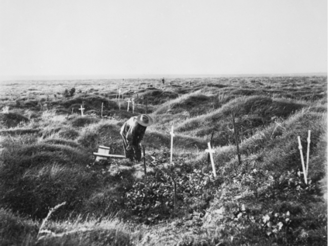 View of scattered Australian graves along the OG1 line on the battlefield of Pozieres, 1917