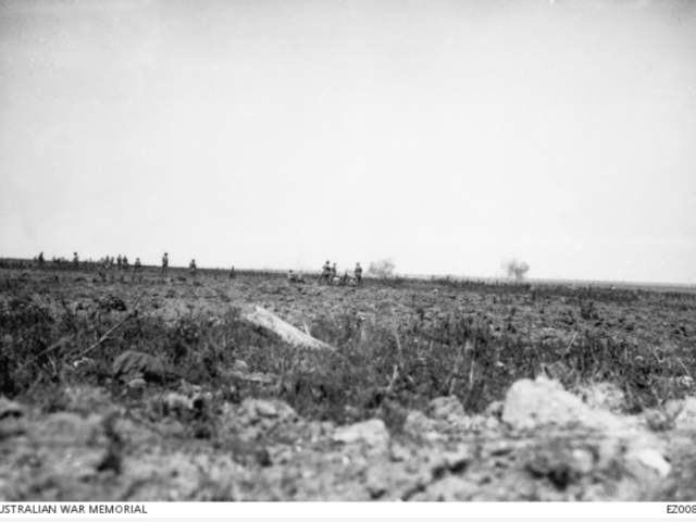Australian infantry watching the artillery bombardment of Pozieres, August 1916