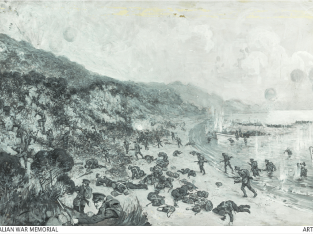 Boats landing under fire, soldiers in the water, on the beach and climbing escarpment at Anzac Cove in 1915. Artist: William Beckwith McInnes
