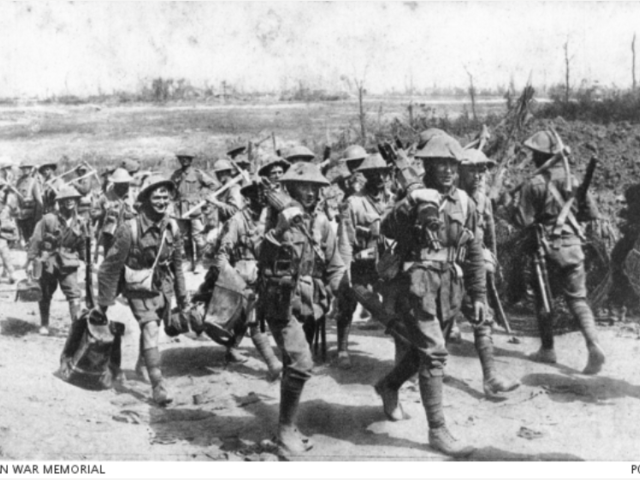 France, 1916-1918. Anzacs in France. Machine gunners leaving trench duty for their well-earned rest.