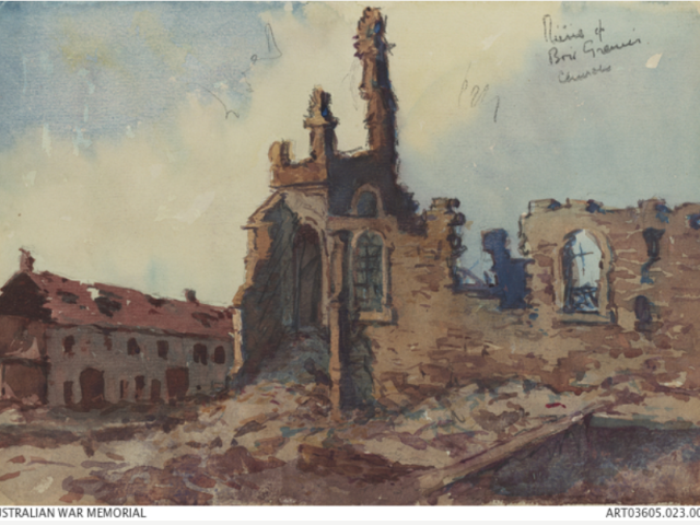 Watercolour depicting the ruins of the Bois-Grenier church with a bomb-damaged building to left. Artist: George Benson c.1916. Bois Grenier, part of the Armentieres region in northern France, was a 'nursery' sector to which fresh troops were sent to gain experience of conditions on the Western Front.