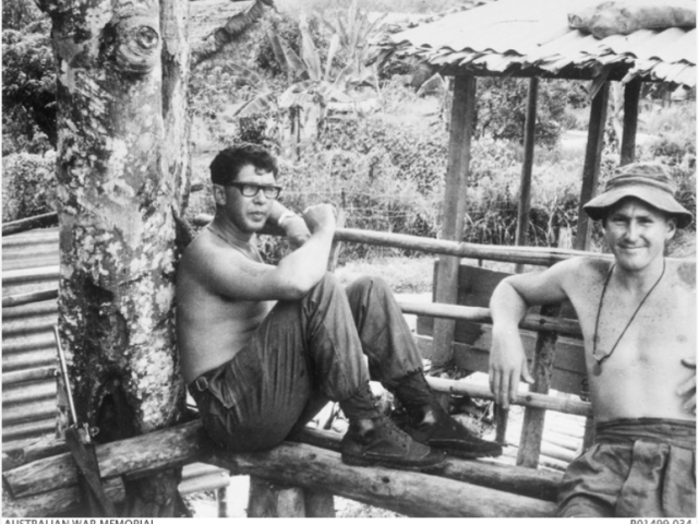 Krokong, Borneo. 1965-05. 14208 Sergeant Ronald T. Carroll and 215627 Private Neil Brown, 'A' Company, 3rd Battalion, Royal Australian Regiment (3RAR). (Donor N. Brown)