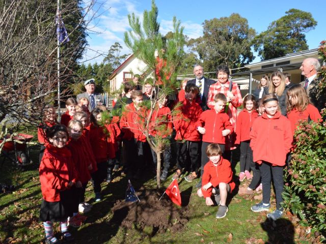 Students pose next to a tree they planted at Scotsburn primary school, in Victoria Australia, June 20, 2022