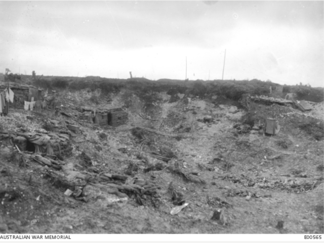 A view of the Quarry at Mouquet Farm, in December 1916. On the left are a number of sandbagged dugouts.
