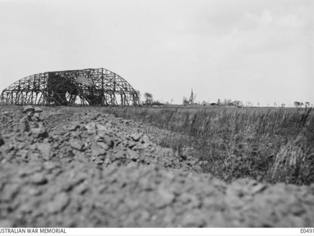The old hangars in 'no man's land', Villers-Bretonneux, June 1918