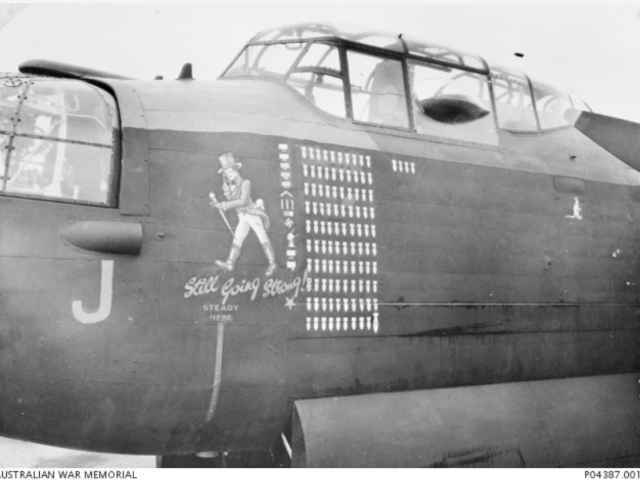  The nose art on a Mark I Avro Lancaster bomber, with the squadron code WS-J (serial number W4964), of 9 Squadron, Royal Air Force. c.1944. 'J' Johnnie, completed an impressive 106 operations and is seen here after completing 104. 