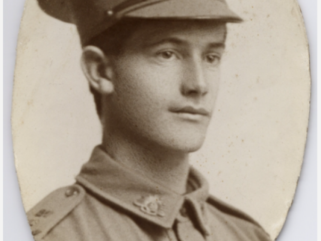 Studio portrait of 4908 Private (Pte) Clarence Hallard Page, 27th Battalion, of Kadina, SA. c.1915