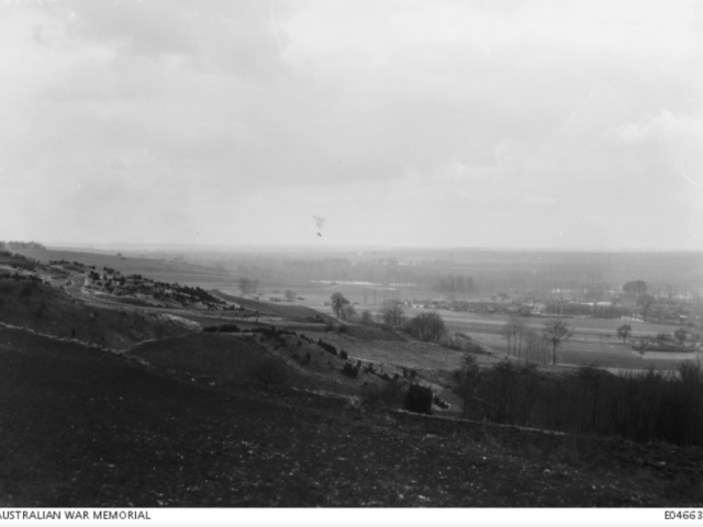 Near Hamel, France, 29 March 1918. View of the Germans shelling the Somme Valley