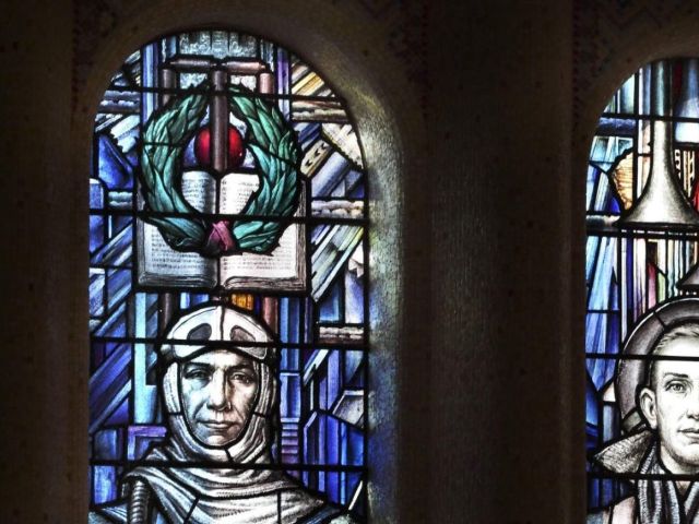 The red cricket ball in Waller’s naval gunner’s window at the Australian War memorial. Photo: AWM