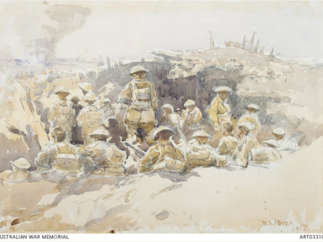 Australian soldiers wait in the trenches at Passchendaele in Belgium. The Battle of Passchendaele was also known as the Third Battle of Ypres. Septimus Power drew this image while as an official war artist attached to the 1st Division of the AIF during the Passchendaele offensive, 1917 