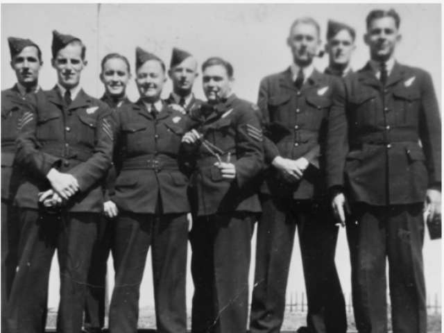 Informal group portrait of RAAF officers stationed at RAF Station Beccles. Identified from left to right: A31907 Sergeant Patrick William ‘Pat’ O'Grady, No. 34 Squadron RAAF; 414792 Flying Officer Ernest Gatenby 'Ernie' Fletcher, No. 463 Squadron RAAF, who later was killed on operations over France on 4 July 1944; 79134 Leading Aircraftman Stanley Roper Somerville; 441009 Leading Aircraftman Vernon ‘Pom’ Hyam; 415299 Flying Officer Mervyn Charles 'Merv' Blee, No. 86 Squadron RAAF; 3926 Flight Sergean