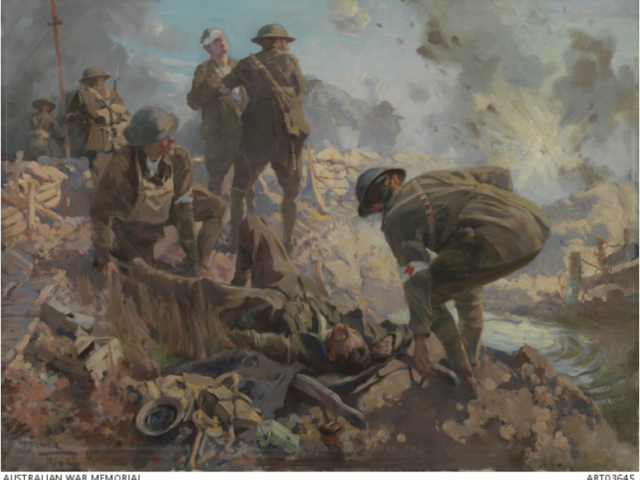 Australian stretcher bearers with casualty on stretcher preparing to leave the battlefield, and another soldier attending to a second casualty, Belgium, WW1. In performing their work, stretcher-bearers were regularly exposed to great danger as depicted in this work. Shells are bursting close to where they are rescuing the wounded soldiers.
