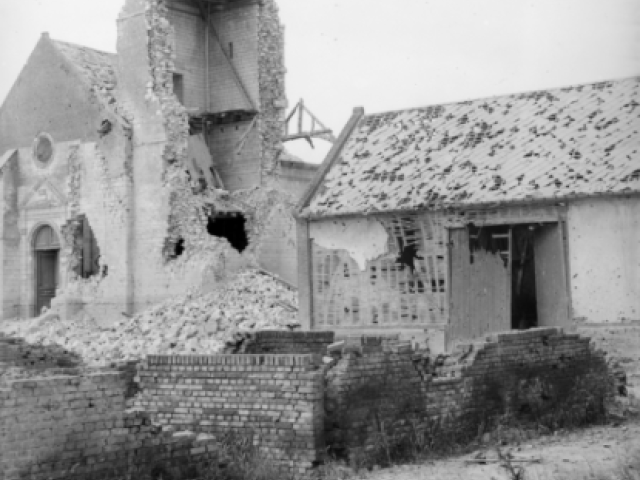 The ruins of the church in a Somme village that was occupied by the troops in rest billets in 1916, and by Battalion Headquarters after the German spring offensive in 1918. The remains of steps leading to an observation post in the tower may still be seen.
