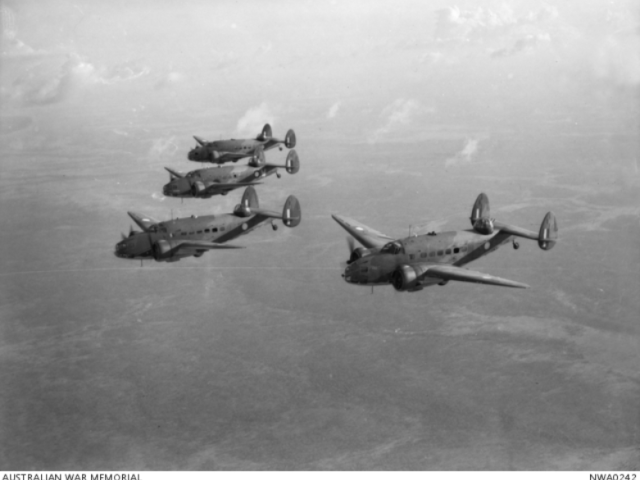 Hughes, NT. 25 April 1943. Lockheed Hudson aircraft from No. 2 Squadron RAAF in flight en route across the Timor Sea to attack Japanese installations.
